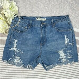 Levis High-Waisted Blue Jean Shorts with Distressed Hem Women’s 10